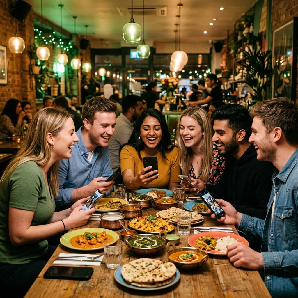 Friends dining and sharing food together